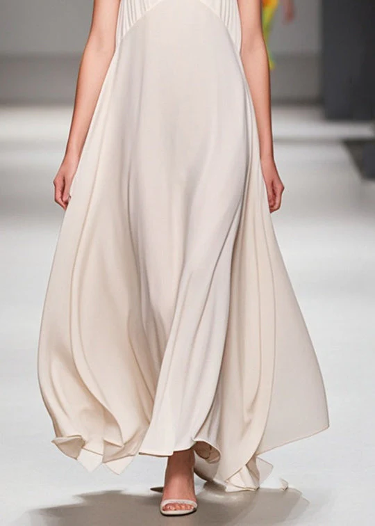 Fine White V Neck Patchwork Draping Chiffon Dresses Sleeveless - Image 4
