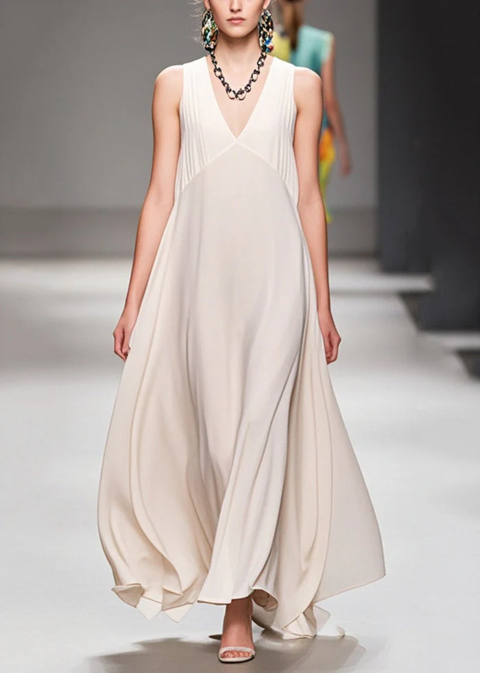 Fine White V Neck Patchwork Draping Chiffon Dresses Sleeveless - Image 5