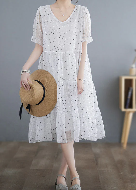 Fine White V Neck Wrinkled Dot Patchwork Chiffon Dresses Summer - Image 2