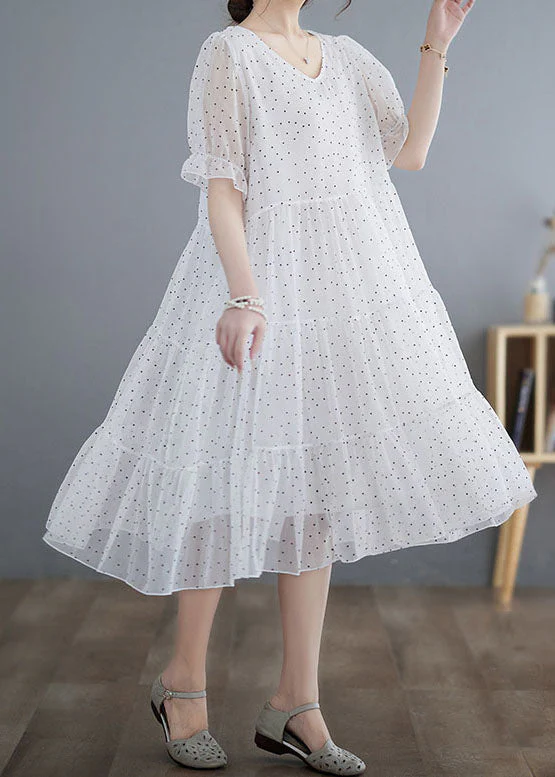 Fine White V Neck Wrinkled Dot Patchwork Chiffon Dresses Summer - Image 3