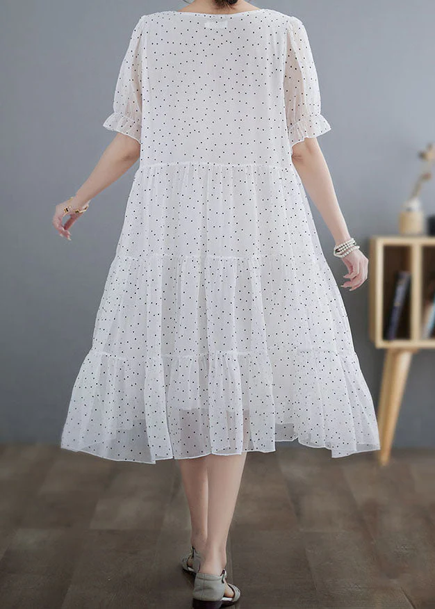 Fine White V Neck Wrinkled Dot Patchwork Chiffon Dresses Summer - Image 4
