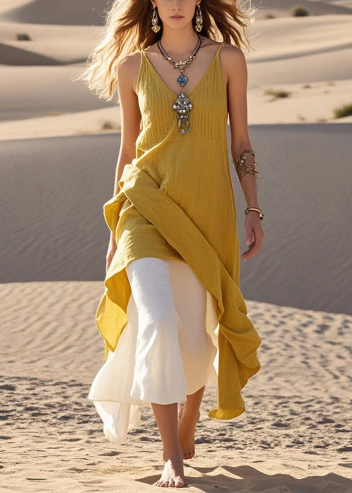 Fine Yellow Asymmetrical Cotton Fake Two Piece Dresses Summer - Image 3