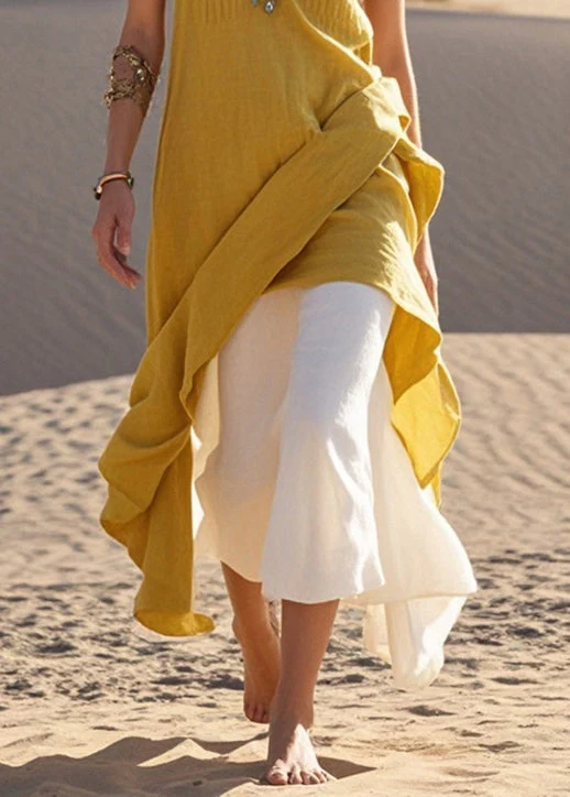 Fine Yellow Asymmetrical Cotton Fake Two Piece Dresses Summer - Image 4