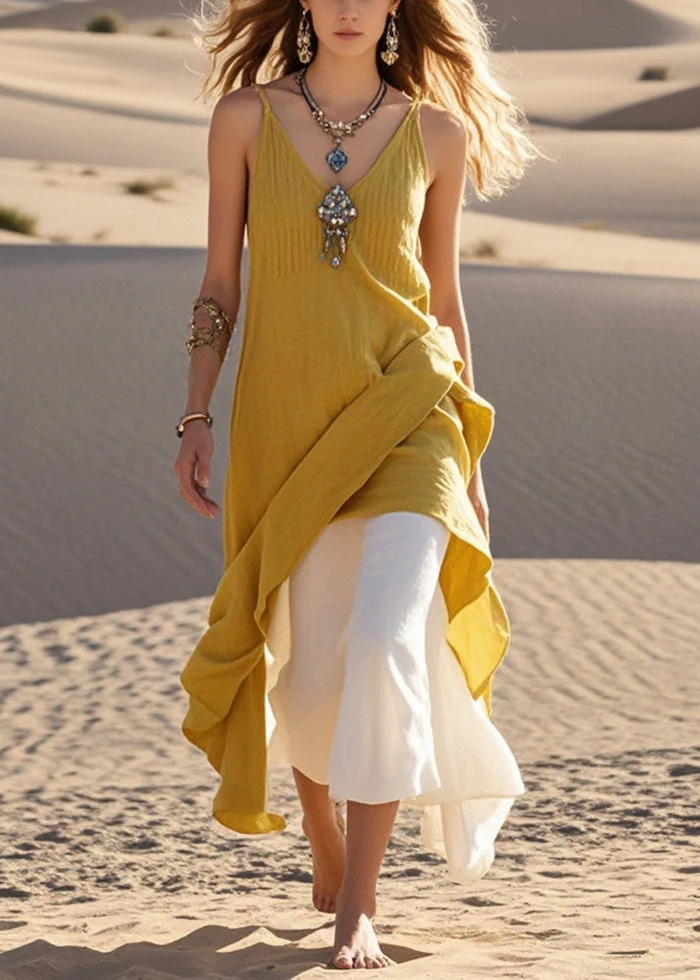 Fine Yellow Asymmetrical Cotton Fake Two Piece Dresses Summer - Image 5
