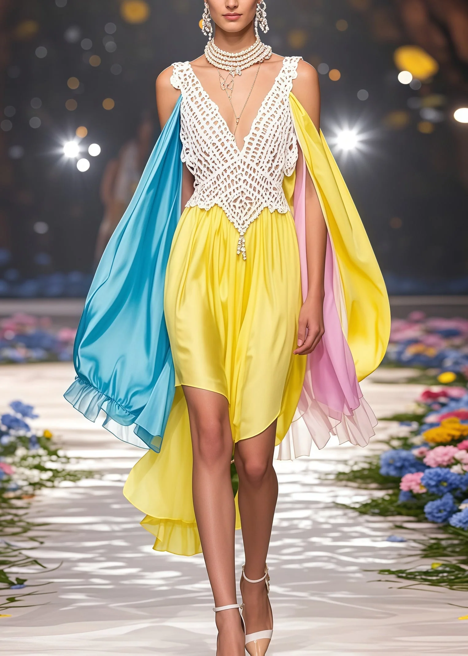 Fine Yellow Asymmetrical Patchwork Cold Shoulder Party Dress Summer - Image 3