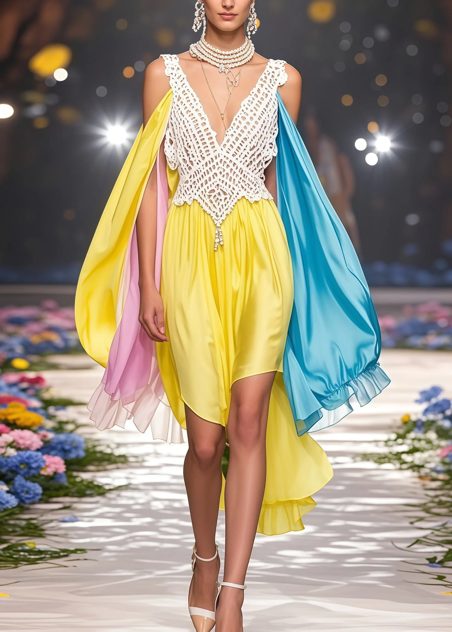 Fine Yellow Asymmetrical Patchwork Cold Shoulder Party Dress Summer - Image 5