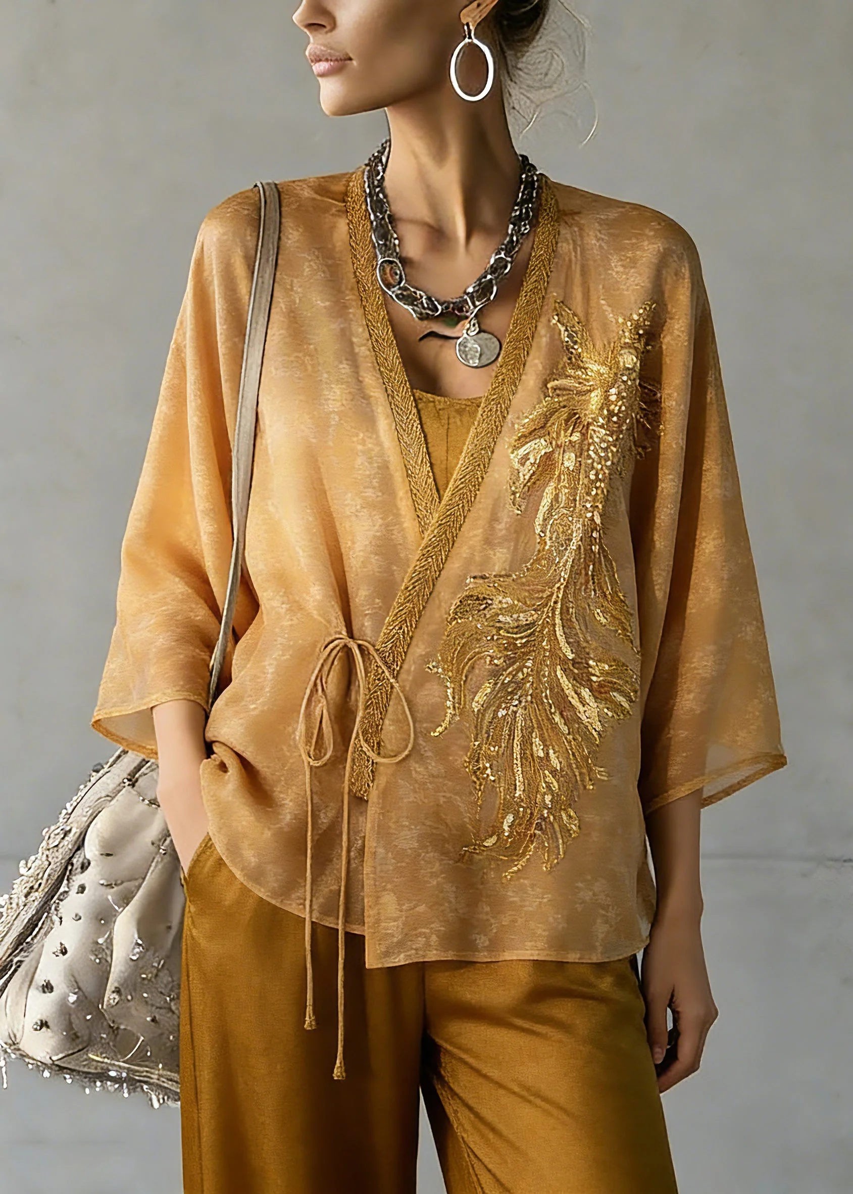 Fine Yellow Embroidered Tie Waist Silk Cardigans Three Quarter Sleeve Sleeve - Image 2
