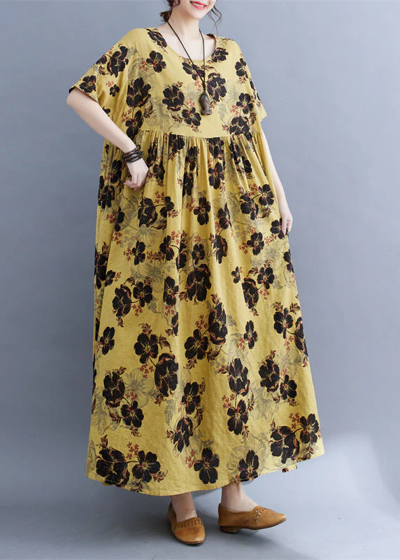 Fine Yellow Print Patchwork Wrinkled Long Dresses Summer - Image 2