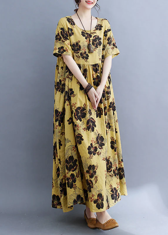 Fine Yellow Print Patchwork Wrinkled Long Dresses Summer - Image 3