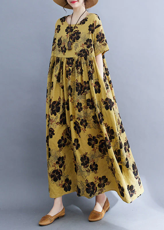 Fine Yellow Print Patchwork Wrinkled Long Dresses Summer - Image 4