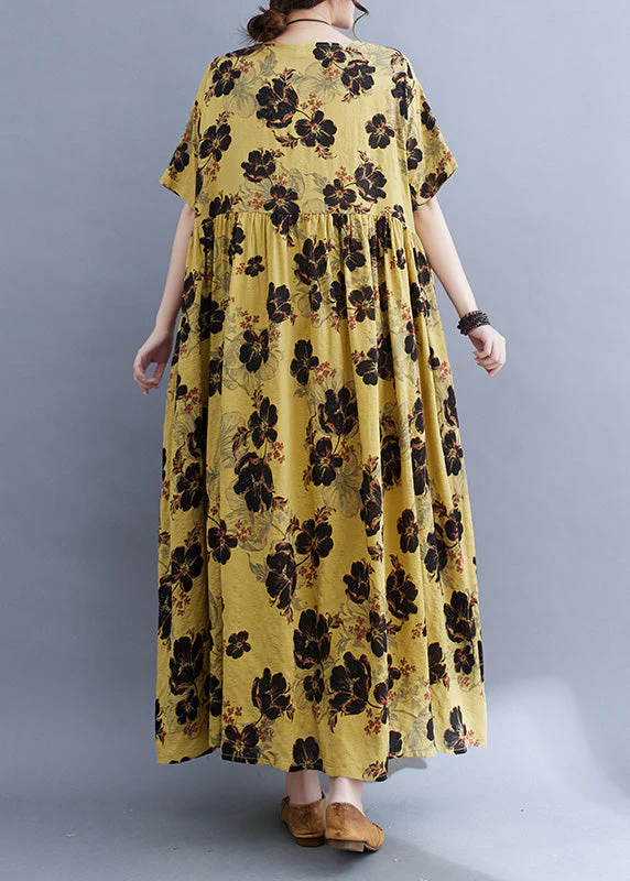 Fine Yellow Print Patchwork Wrinkled Long Dresses Summer - Image 5
