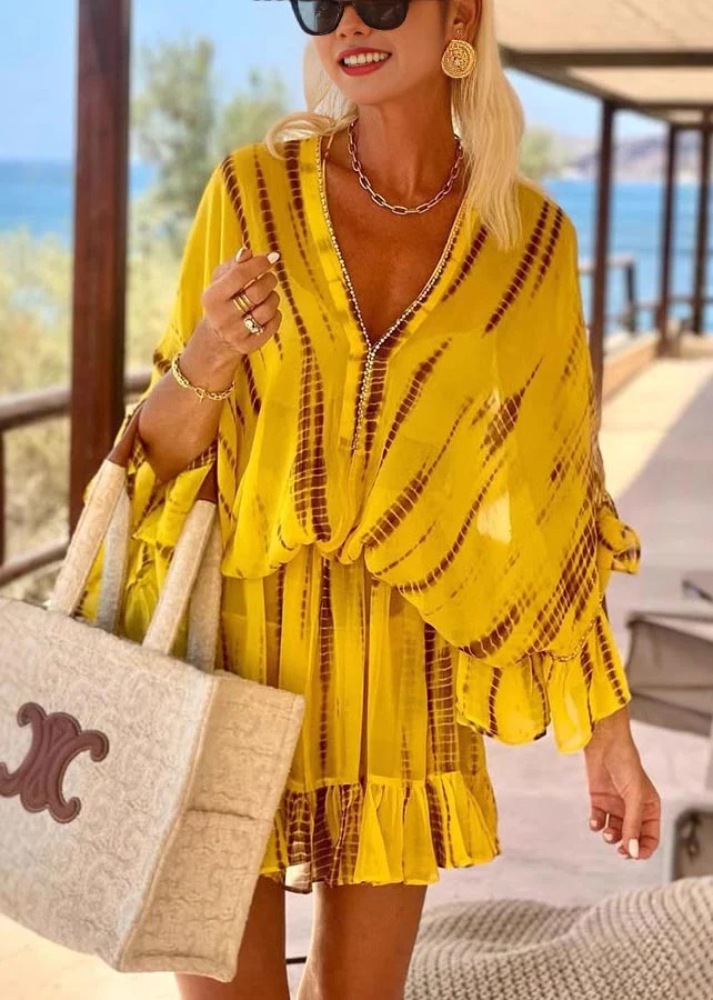Fine Yellow Print Zircon Chiffon Beach Dress Batwing Sleeve - Image 2