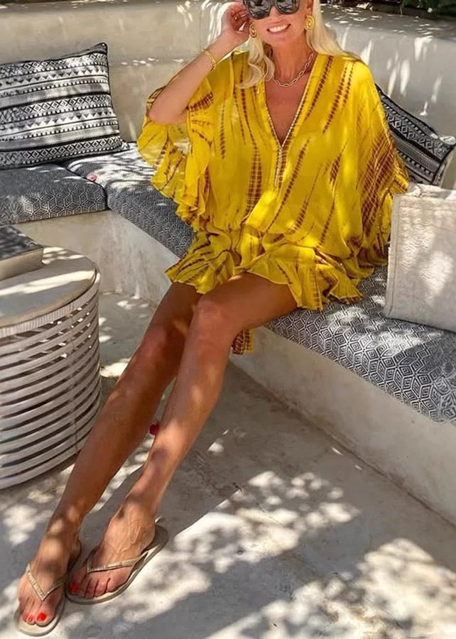 Fine Yellow Print Zircon Chiffon Beach Dress Batwing Sleeve - Image 3