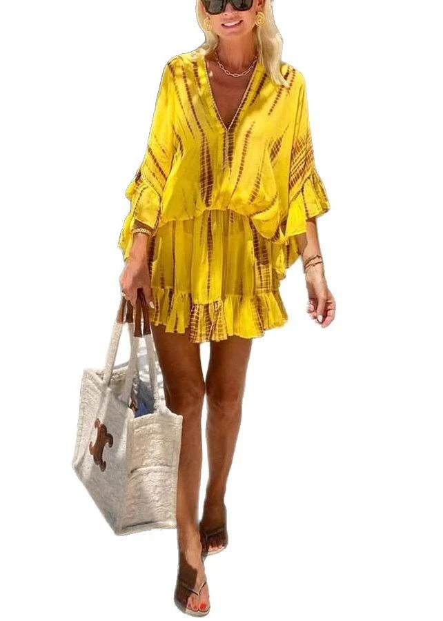 Fine Yellow Print Zircon Chiffon Beach Dress Batwing Sleeve - Image 5