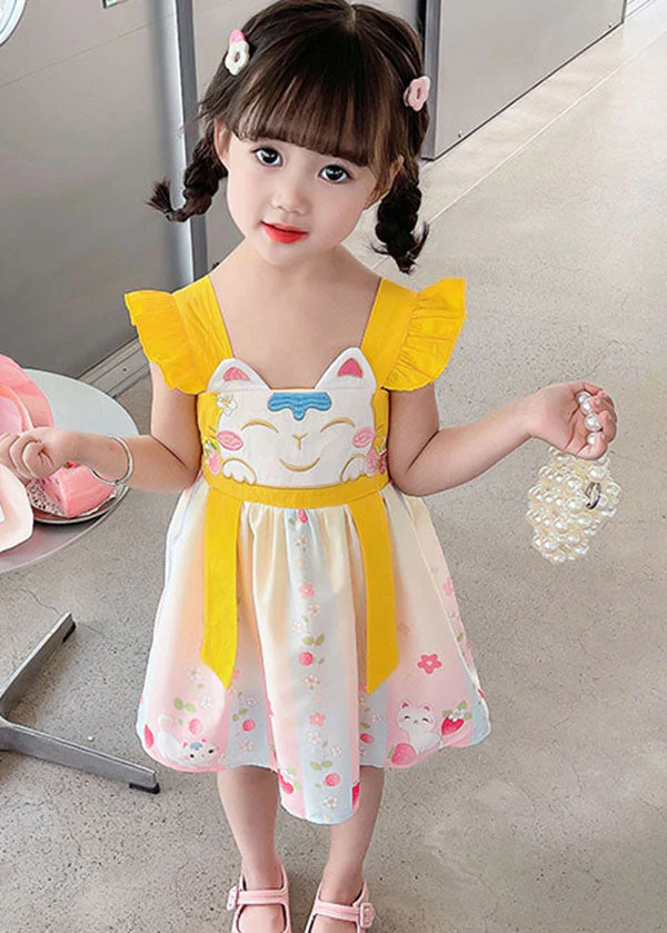 Fine Yellow Ruffled Embroideried Patchwork Cotton Baby Girls Dresses Summer - Image 2
