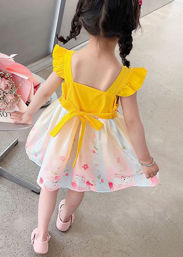 Fine Yellow Ruffled Embroideried Patchwork Cotton Baby Girls Dresses Summer - Image 4