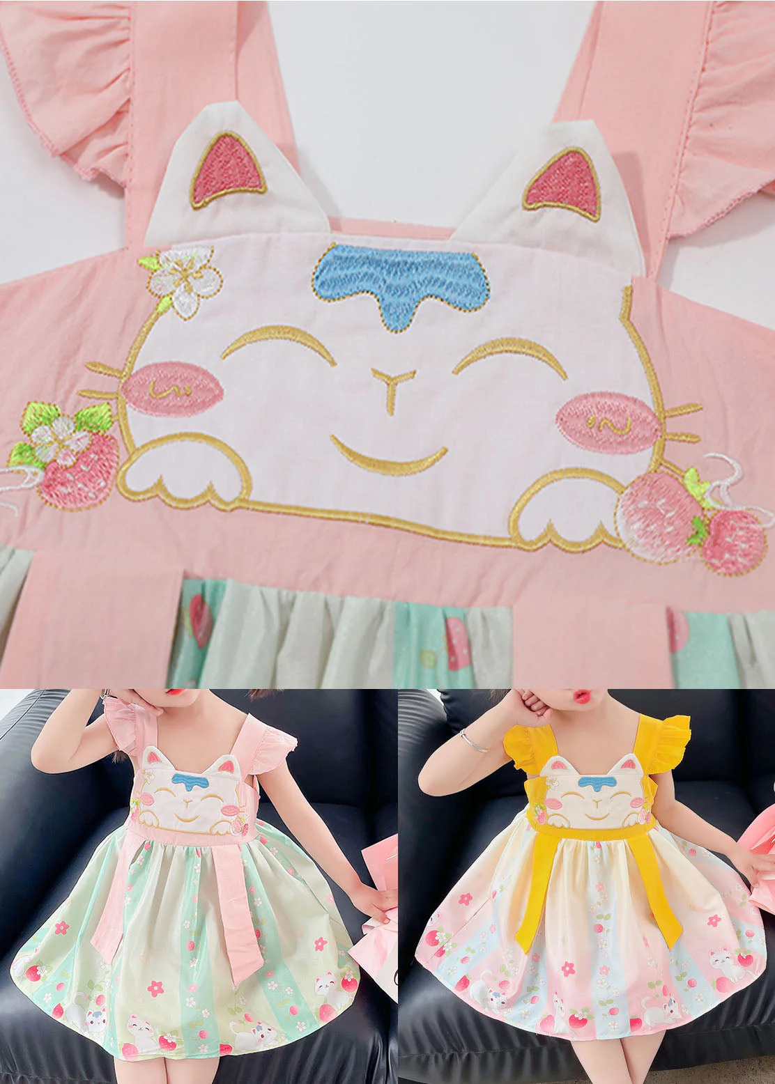 Fine Yellow Ruffled Embroideried Patchwork Cotton Baby Girls Dresses Summer - Image 5