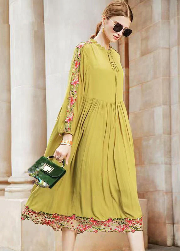 Fine Yellow Ruffled Embroideried Wrinkled Patchwork Chiffon Dress Fall - Image 3