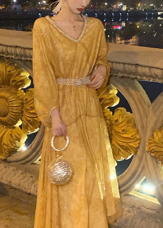 Fine Yellow V Neck Embroideried Sequins Sashes Maxi Dress Long Sleeve - Image 3