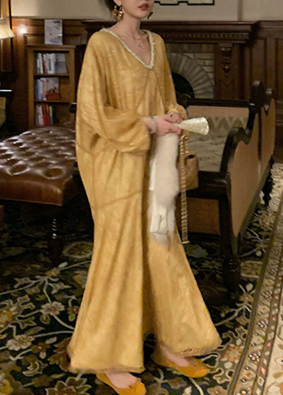 Fine Yellow V Neck Embroideried Sequins Sashes Maxi Dress Long Sleeve - Image 4