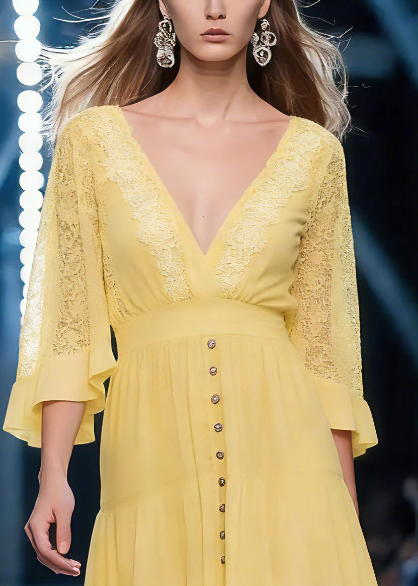 Fine Yellow V Neck Solid Mid Dress Batwing Sleeve - Image 2