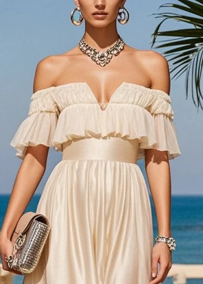 Fitted Apricot Cold Shoulder Side Open Silk Strapless Dresses Summer - Image 2