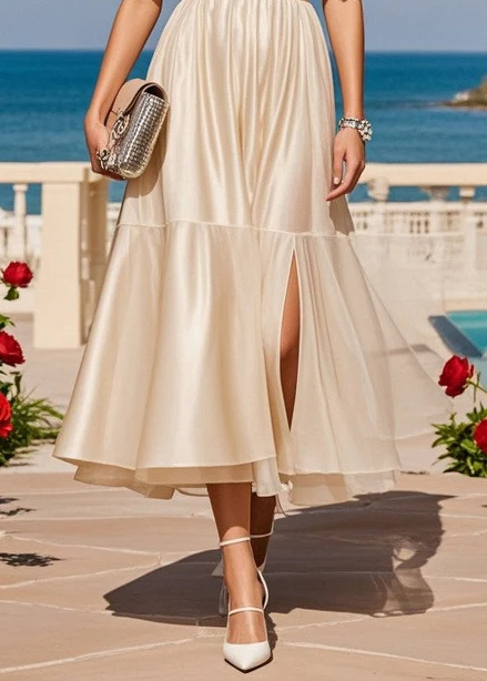 Fitted Apricot Cold Shoulder Side Open Silk Strapless Dresses Summer - Image 4