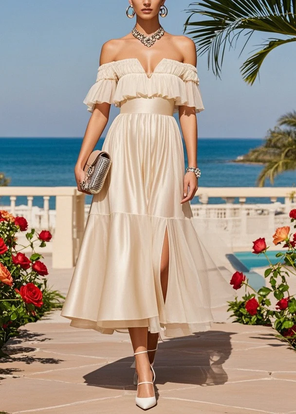 Fitted Apricot Cold Shoulder Side Open Silk Strapless Dresses Summer - Image 5