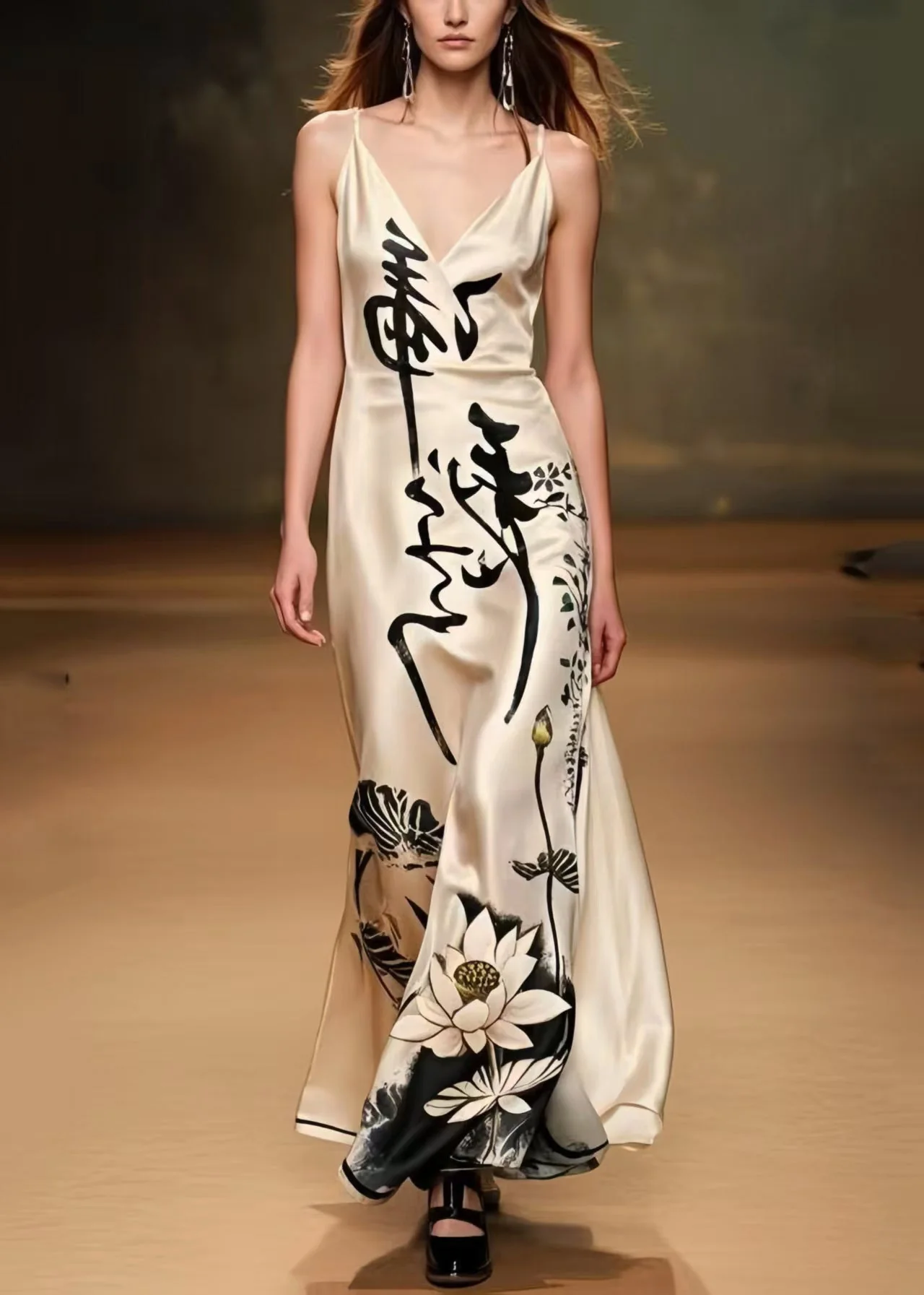 Fitted Apricot Print Draping Silk Party Dress Summer - Image 3