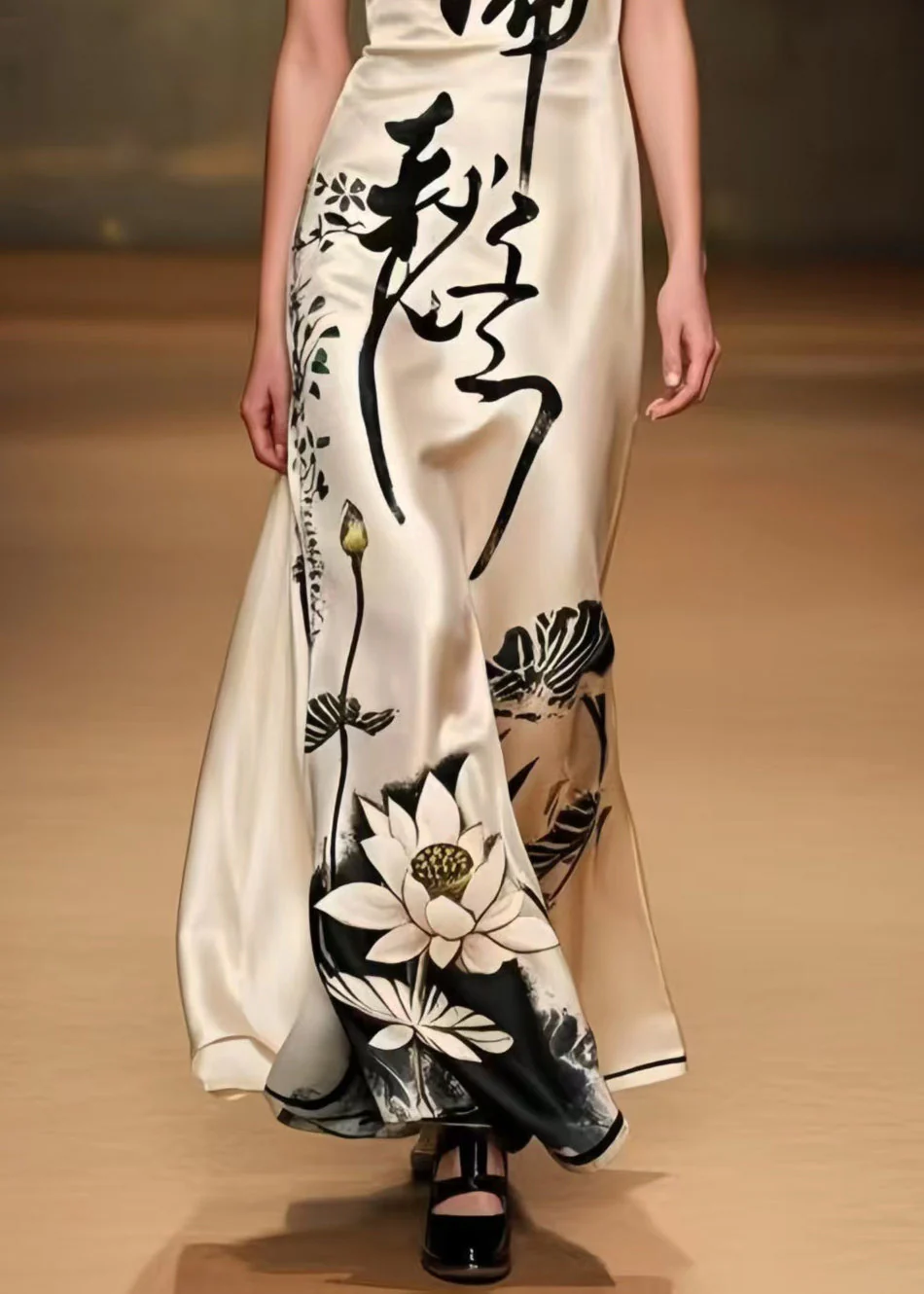 Fitted Apricot Print Draping Silk Party Dress Summer - Image 4