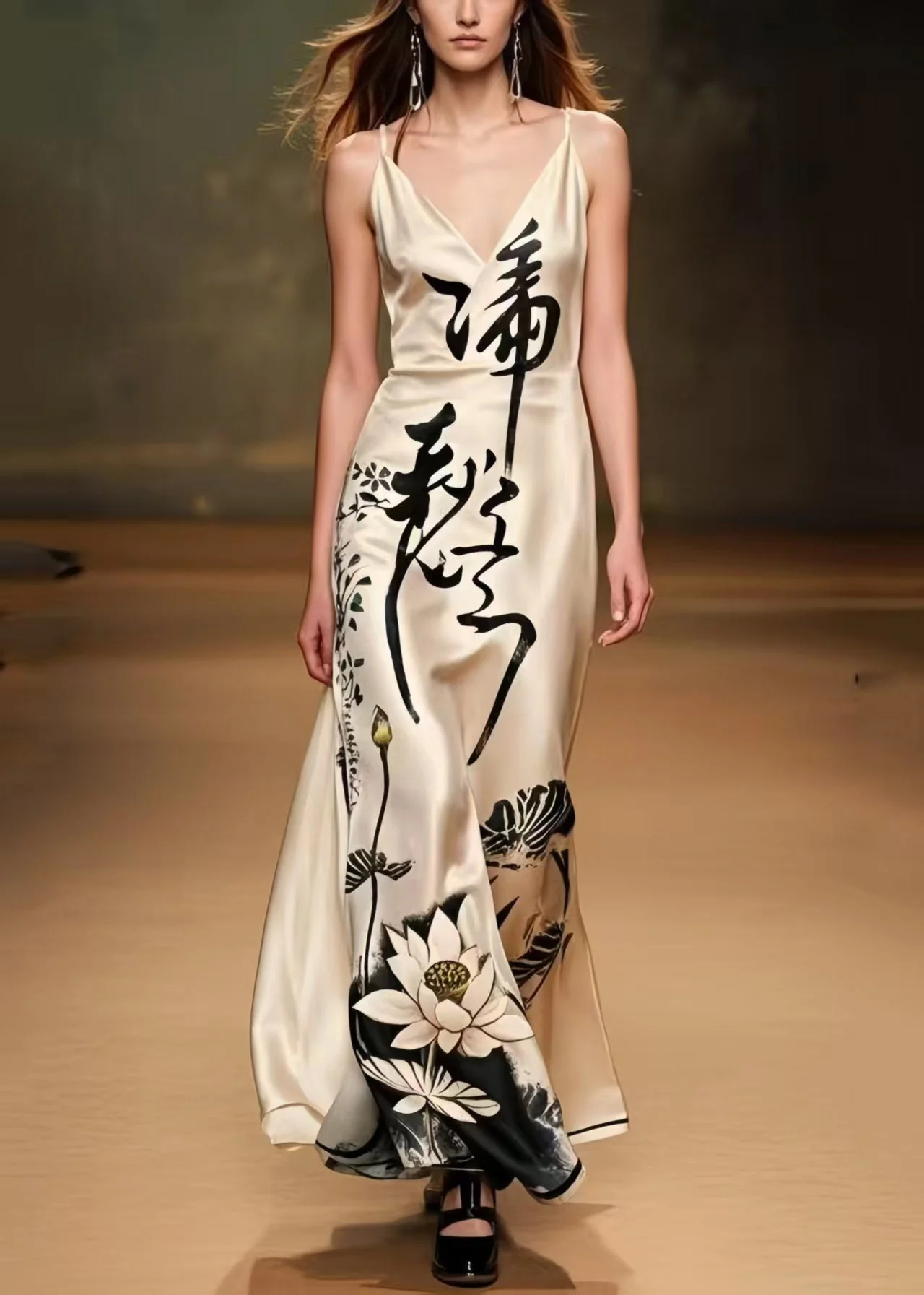 Fitted Apricot Print Draping Silk Party Dress Summer - Image 5