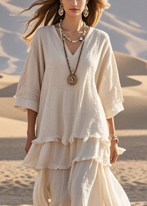 Fitted Apricot Ruffled Patchwork Cotton Maxi Dress Bracelet Sleeve - Image 2