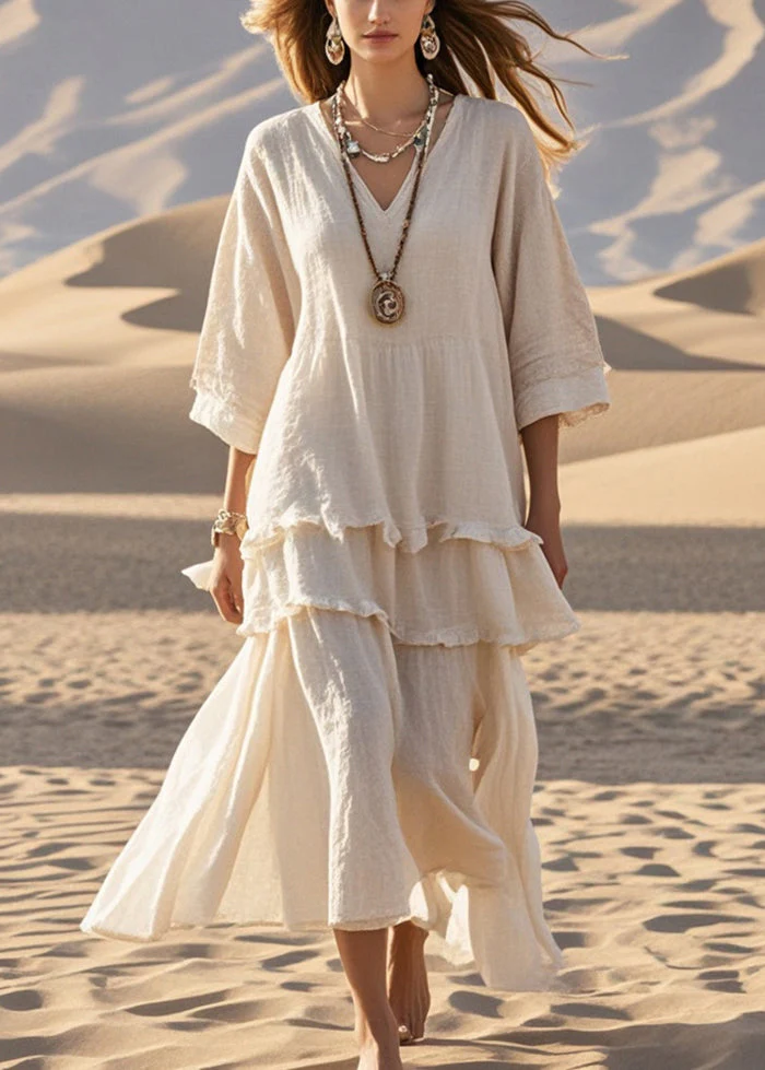 Fitted Apricot Ruffled Patchwork Cotton Maxi Dress Bracelet Sleeve - Image 3