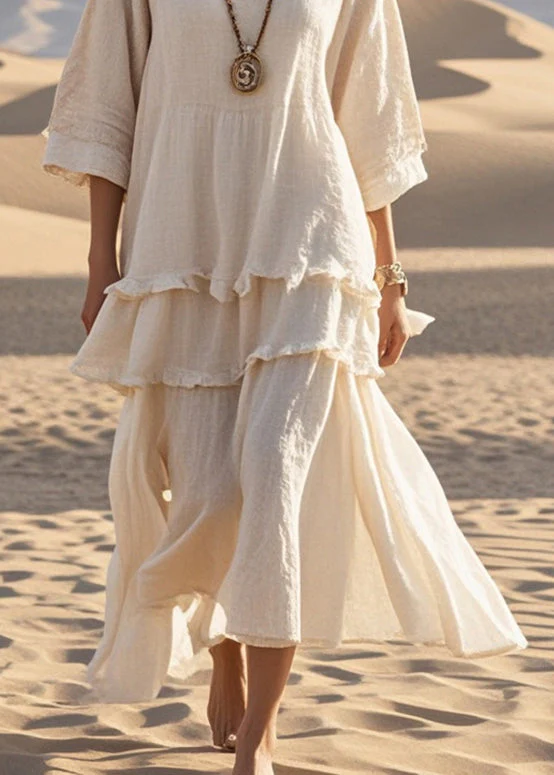 Fitted Apricot Ruffled Patchwork Cotton Maxi Dress Bracelet Sleeve - Image 4