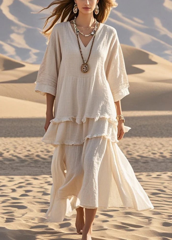 Fitted Apricot Ruffled Patchwork Cotton Maxi Dress Bracelet Sleeve - Image 5