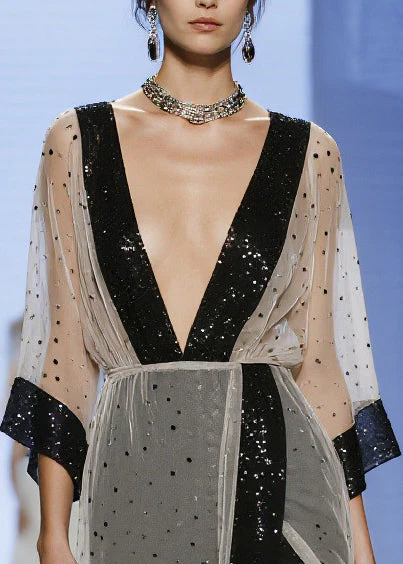 Fitted Apricot Sequins Asymmetrical Design Sheer Tulle Dress Summer - Image 2