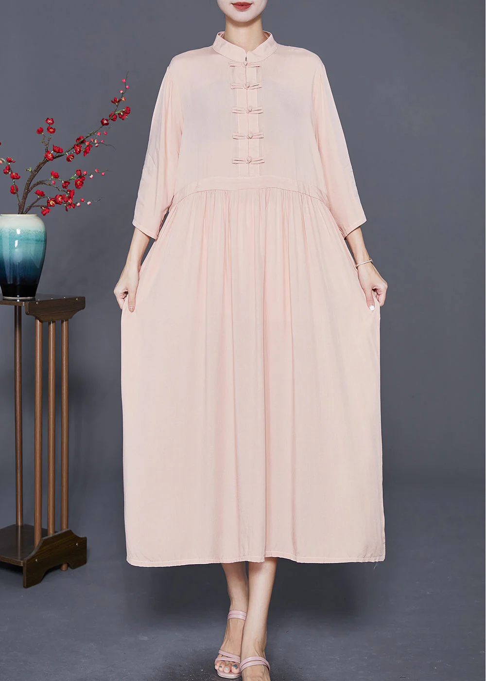 Fitted Apricot Stand Collar Chinese Button Linen Dress Bracelet Sleeve - Image 2