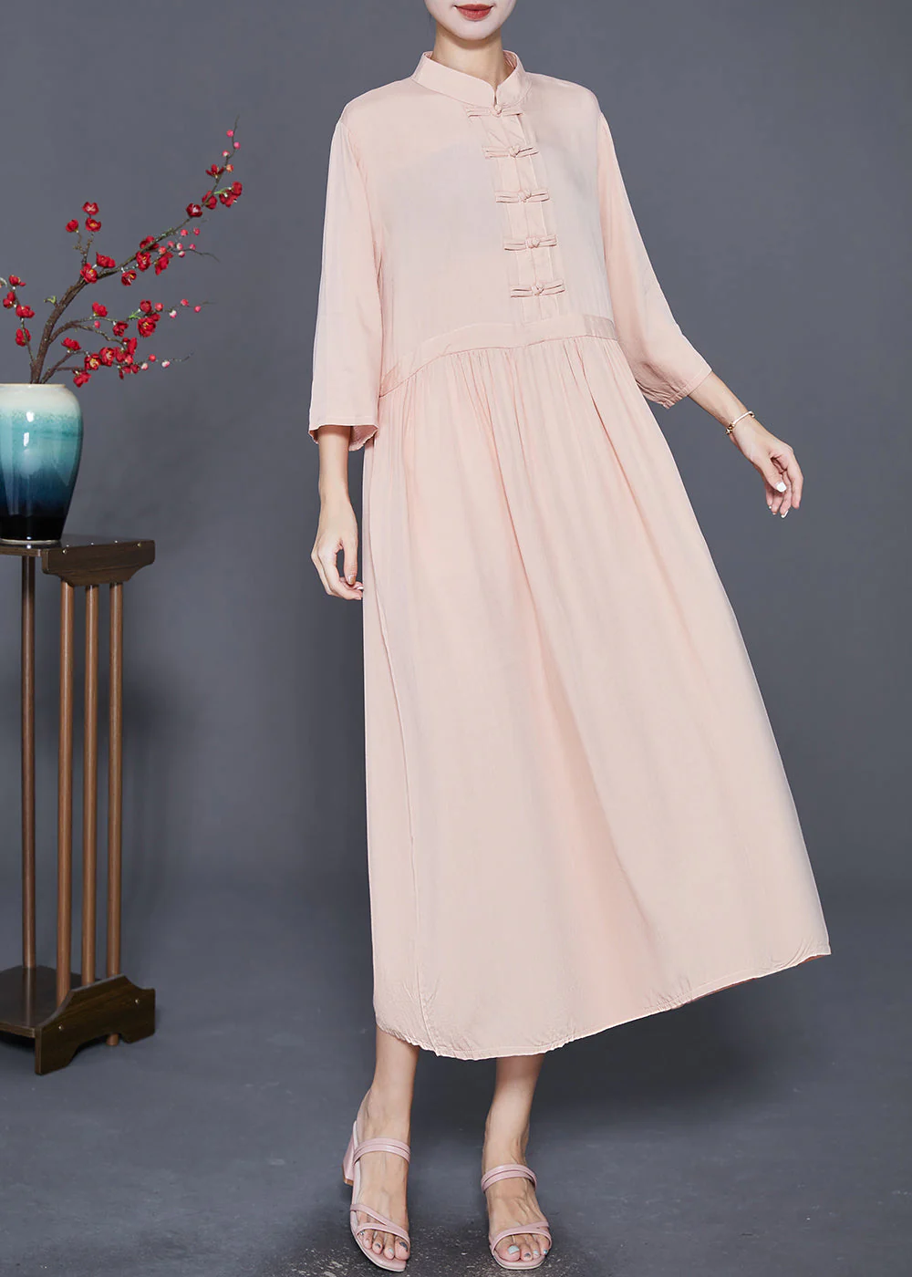 Fitted Apricot Stand Collar Chinese Button Linen Dress Bracelet Sleeve - Image 3