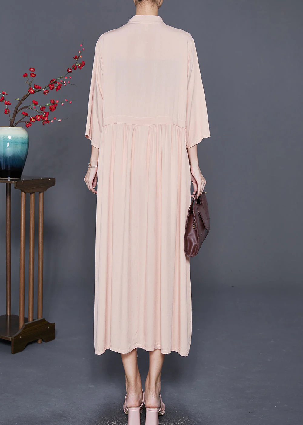 Fitted Apricot Stand Collar Chinese Button Linen Dress Bracelet Sleeve - Image 4