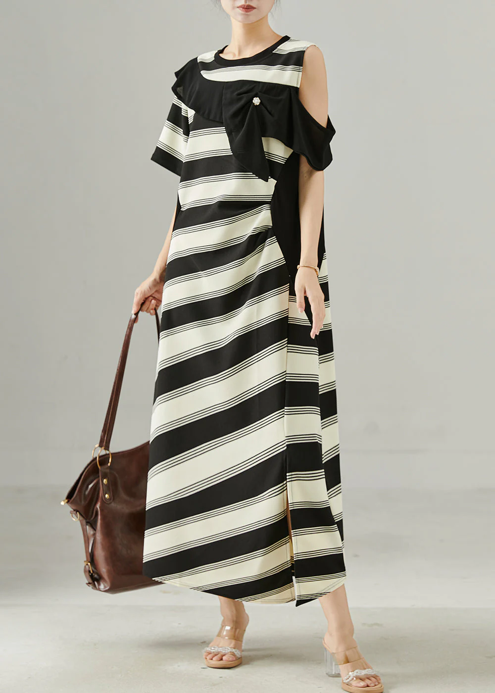 Fitted Asymmetrical Patchwork Striped Cold Shoulder Dress Summer - Image 2