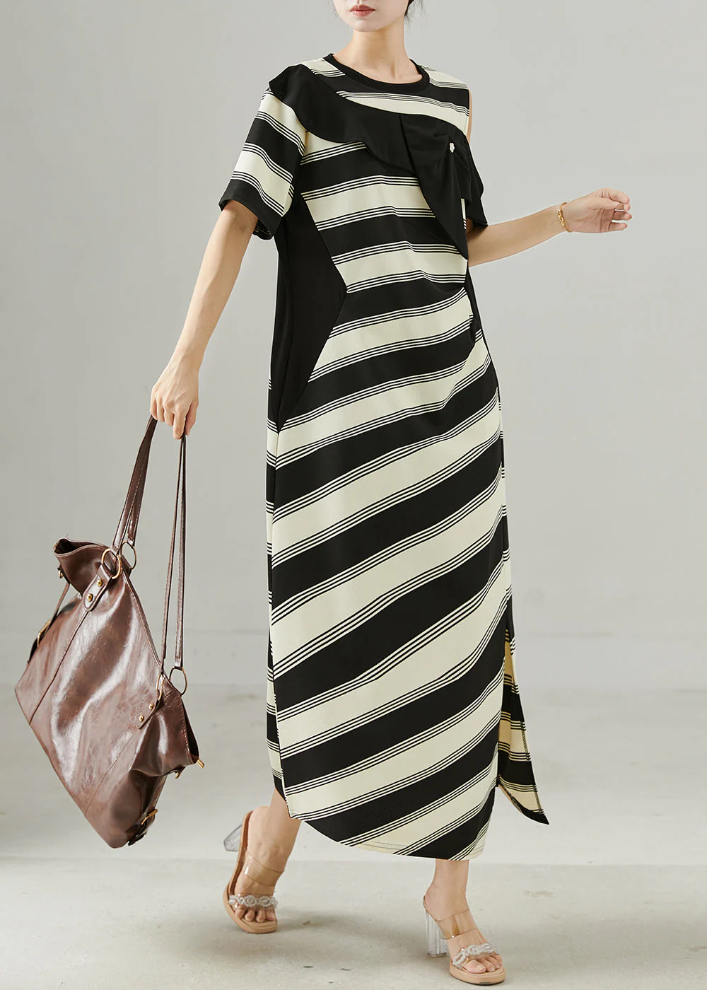 Fitted Asymmetrical Patchwork Striped Cold Shoulder Dress Summer - Image 3