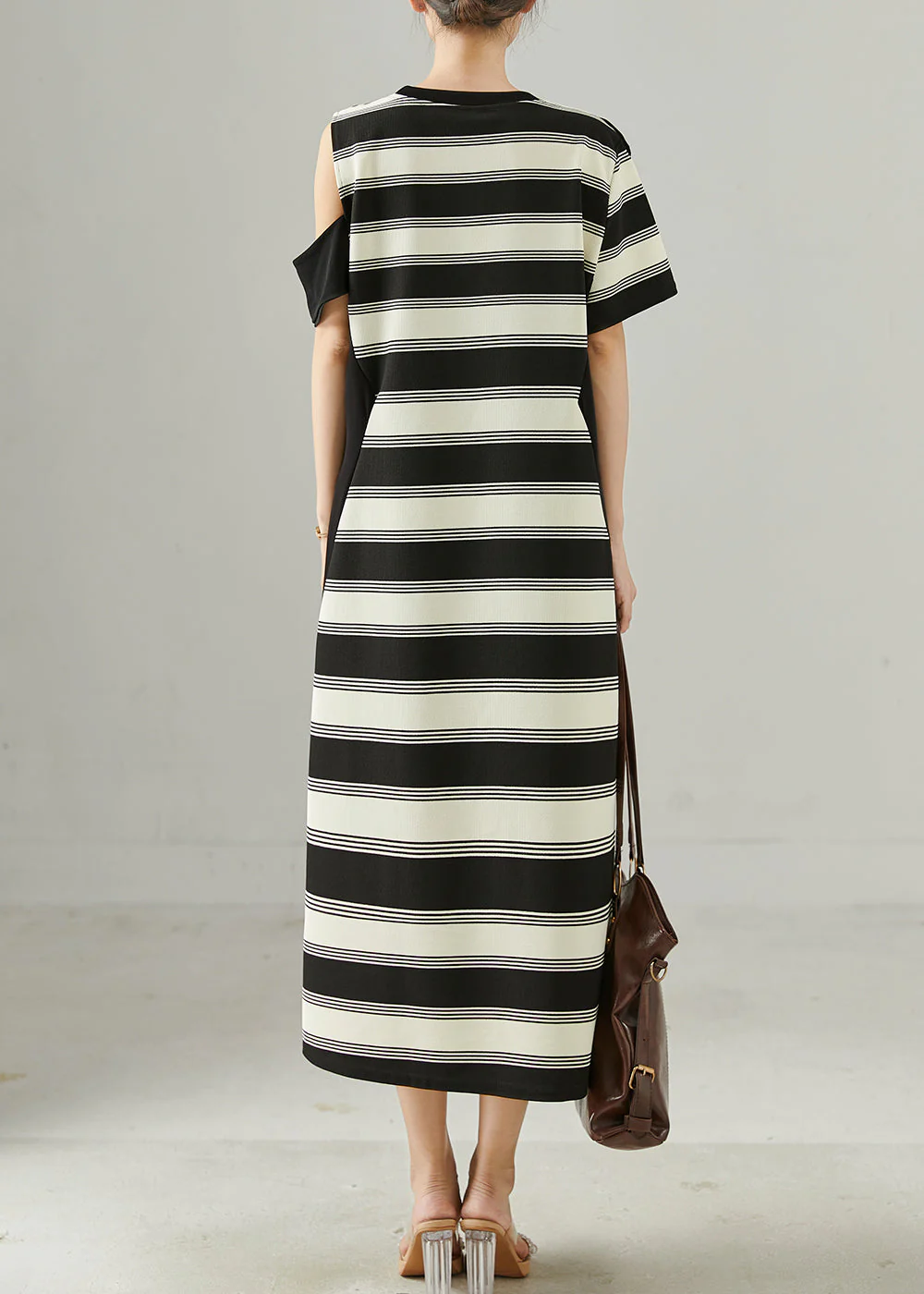 Fitted Asymmetrical Patchwork Striped Cold Shoulder Dress Summer - Image 4