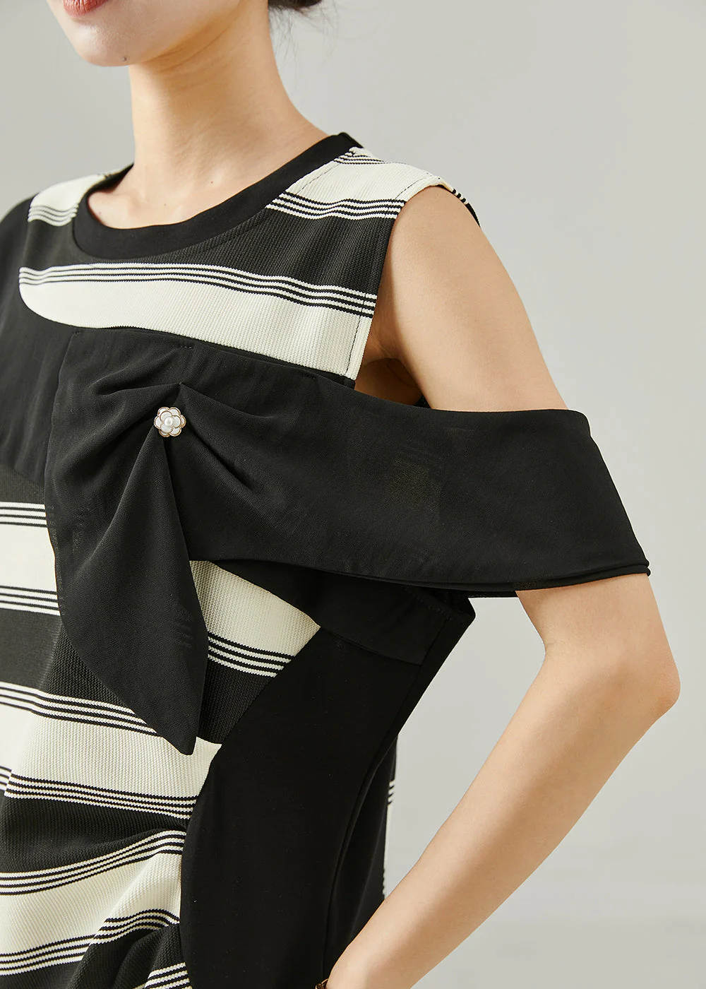 Fitted Asymmetrical Patchwork Striped Cold Shoulder Dress Summer - Image 5