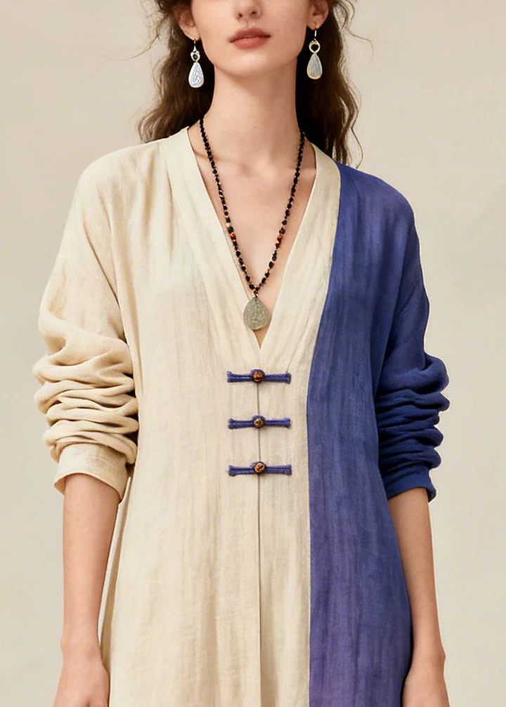 Fitted Beige Asymmetrical Patchwork Chinese Button Cotton Women Sets 2 Pieces Fall - Image 2