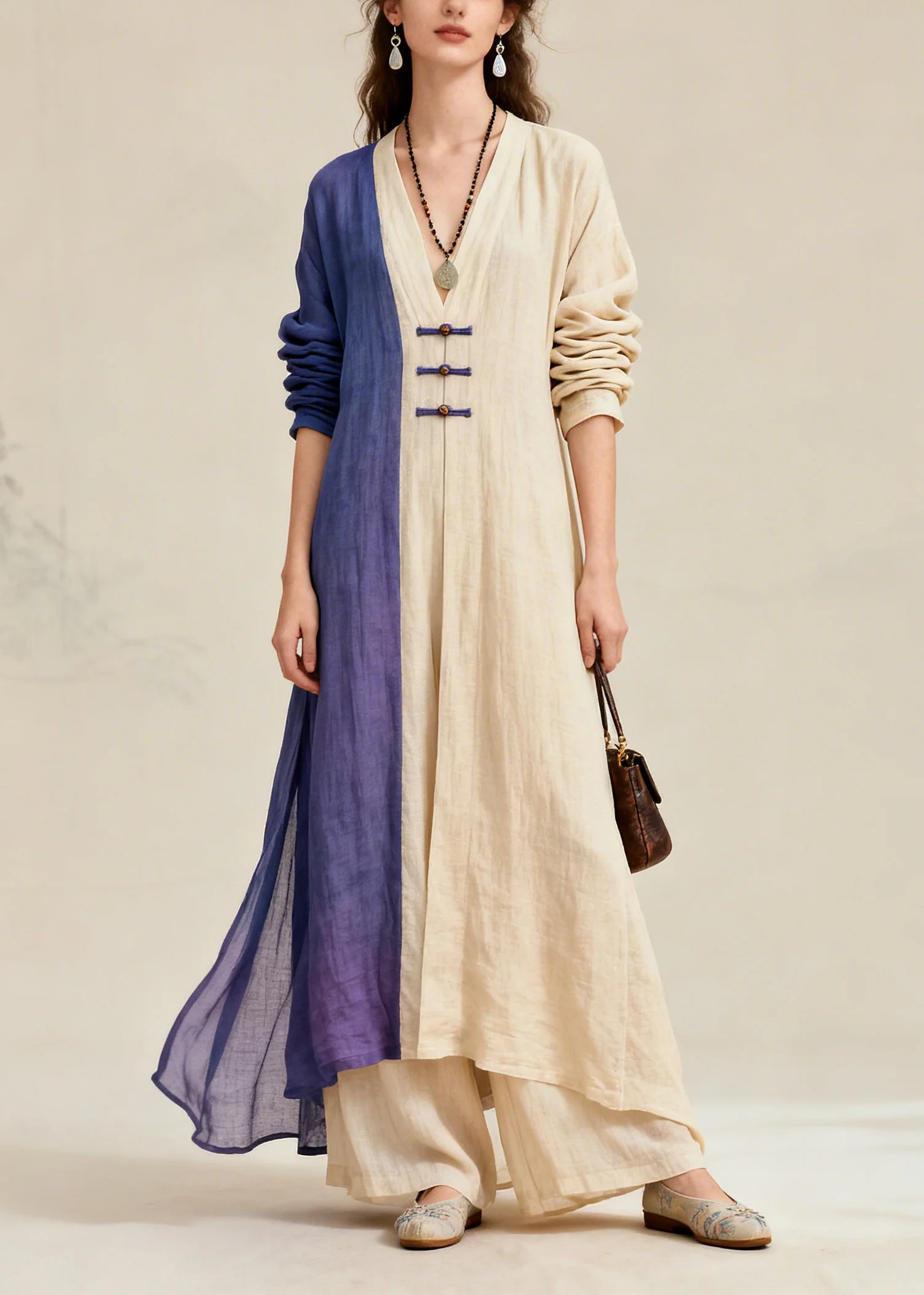 Fitted Beige Asymmetrical Patchwork Chinese Button Cotton Women Sets 2 Pieces Fall - Image 3