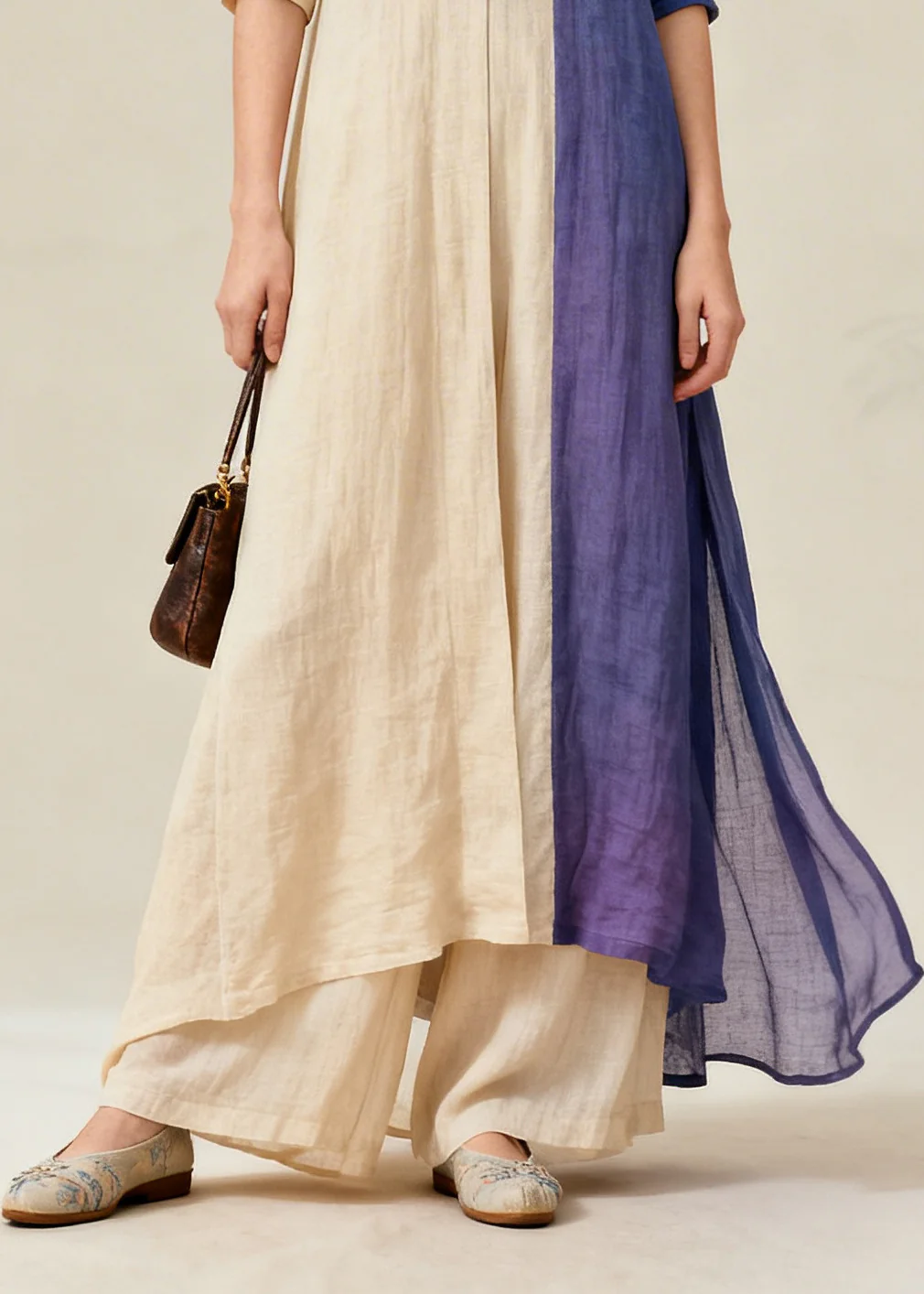 Fitted Beige Asymmetrical Patchwork Chinese Button Cotton Women Sets 2 Pieces Fall - Image 4