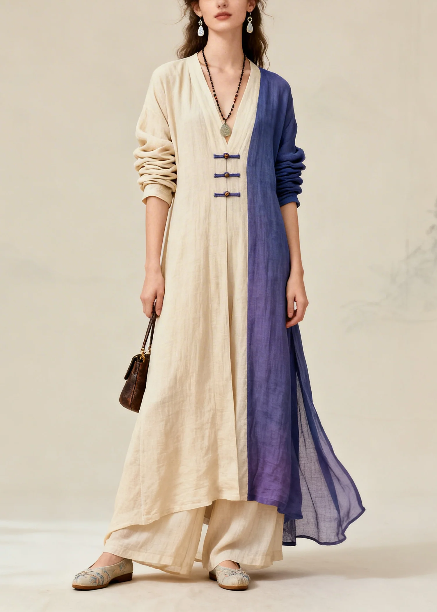 Fitted Beige Asymmetrical Patchwork Chinese Button Cotton Women Sets 2 Pieces Fall - Image 5