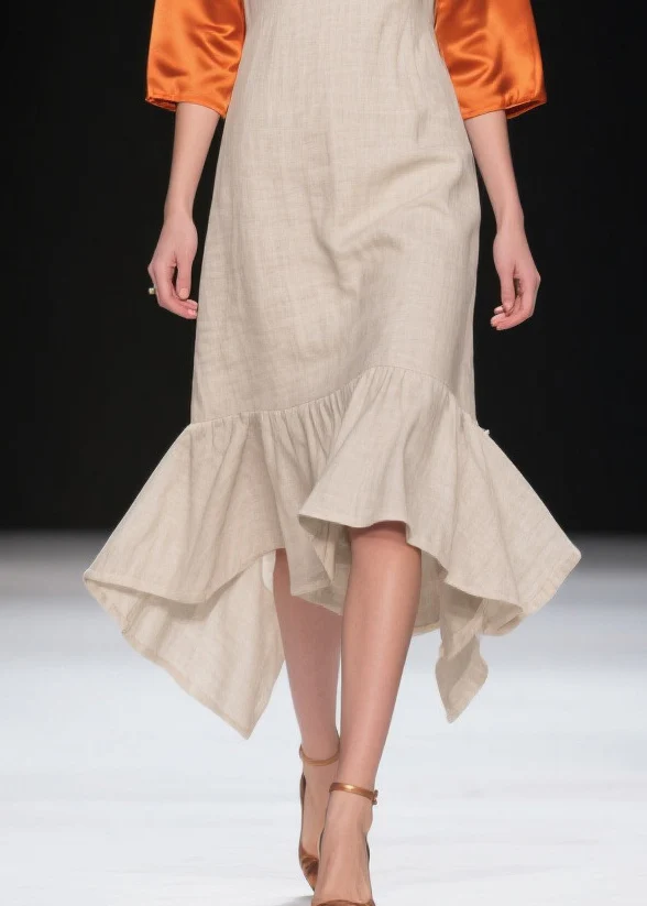 Fitted Beige Asymmetrical Patchwork Linen Silk Fake Two Piece Dresses Summer - Image 4