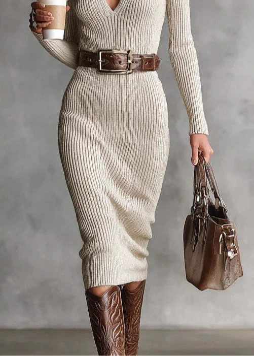 Fitted Beige Hign Neck Slim Fit Knit Dress Spring - Image 4