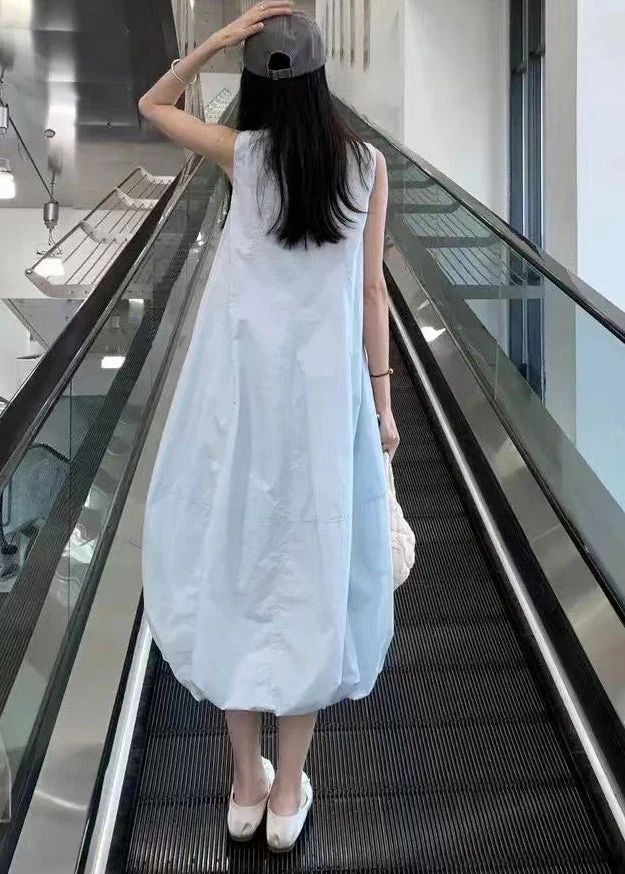 Fitted Beige O-Neck Cotton Lantern Dress Sleeveless - Image 4